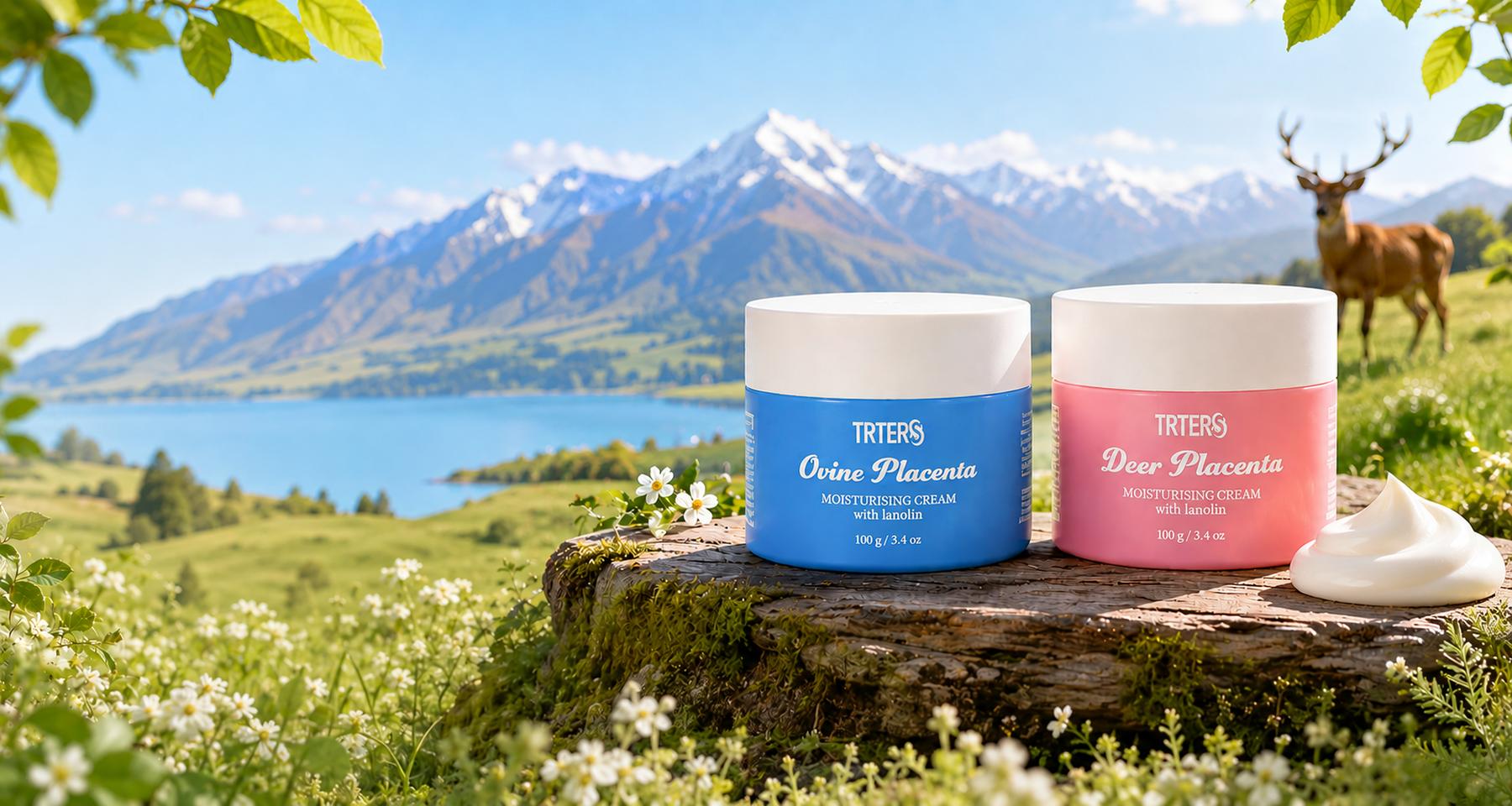 TRTERS Ovine and Deer Placenta creams in a New Zealand meadow