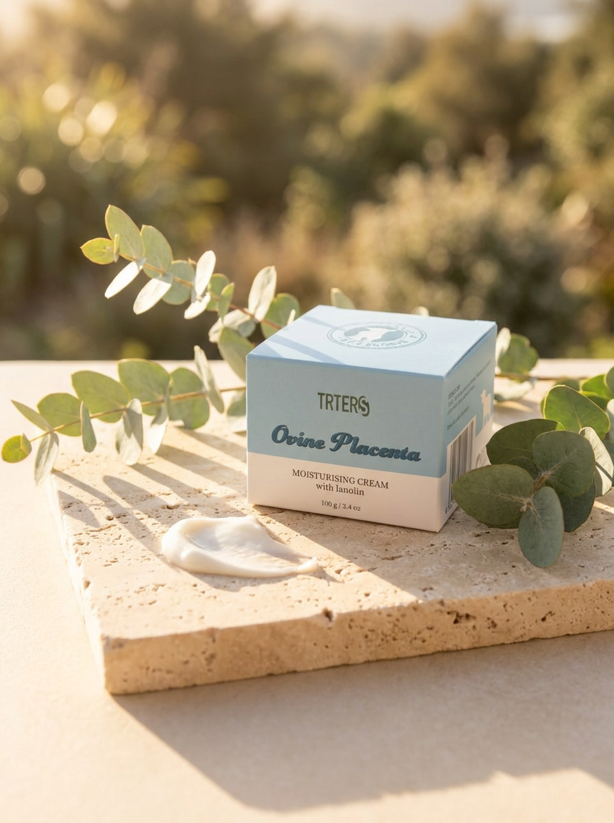 TRTERS Ovine Placenta cream with eucalyptus in golden New Zealand light