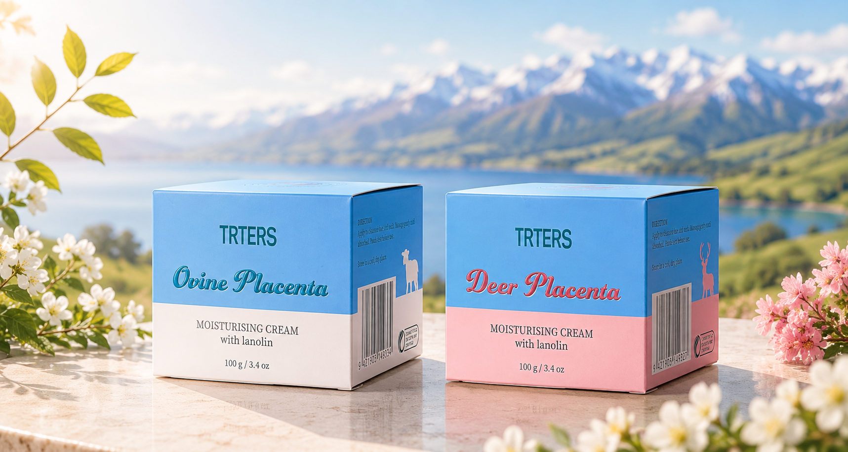 TRTERS Ovine and Deer Placenta cream boxes on marble beside a New Zealand lake, mountains and spring blossom